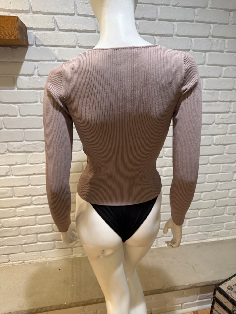 ZARA Mushroom Taupe Ribbed V-Neck Sweater Deep V Fitted Stretchy Small NWT - Picture 8 of 11